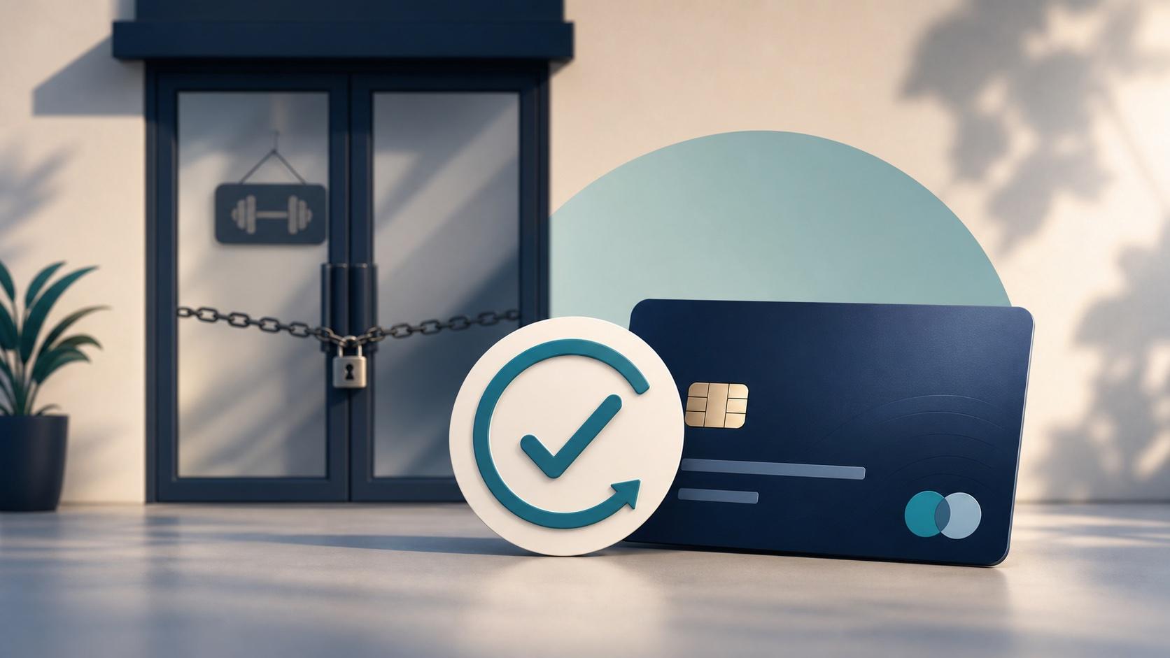 A closed gym door, payment card, and checkmark symbolizing a resolved card dispute.