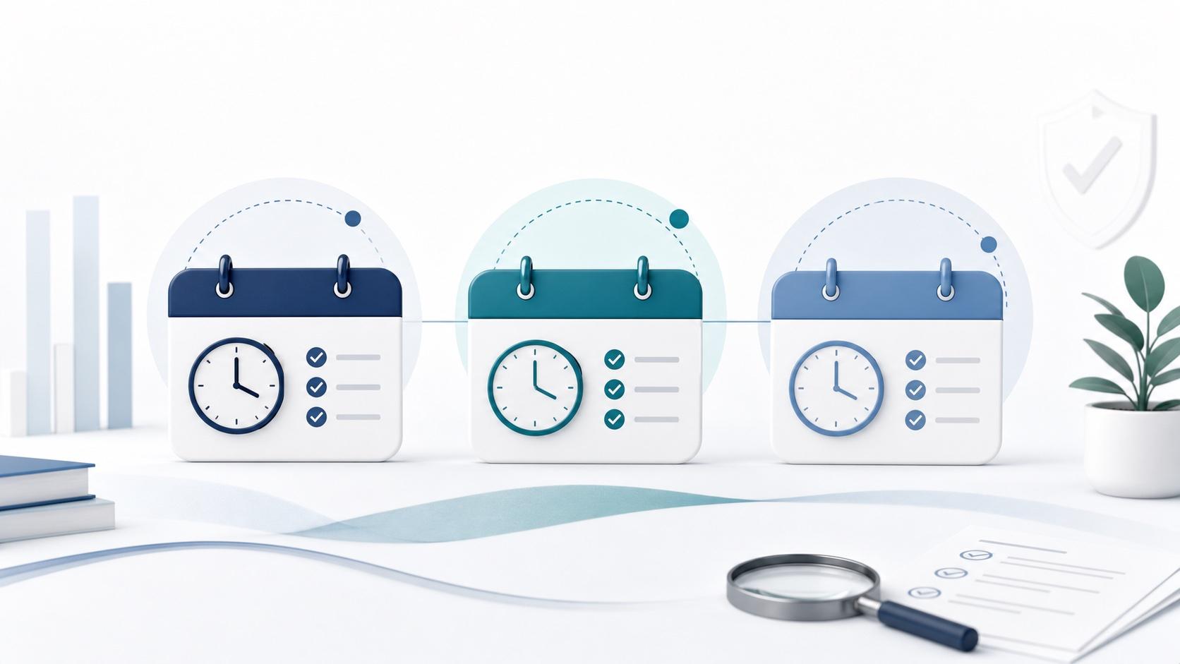 Three symbolic calendar windows with clocks and checkmarks representing Reg E investigation deadlines.